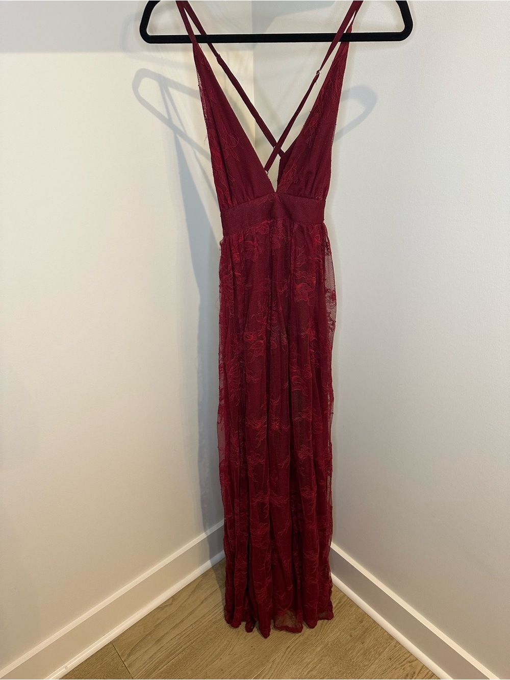 Showpo Burgundy Lace V-Neck Maxi Dress with Crisscross Straps